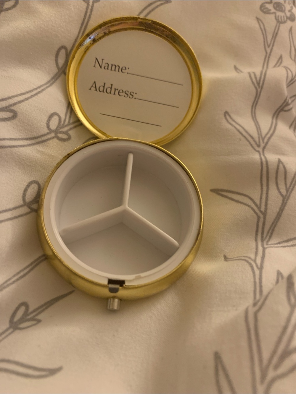 Gold Round 3-Compartment Pill Organizer with ID Panel